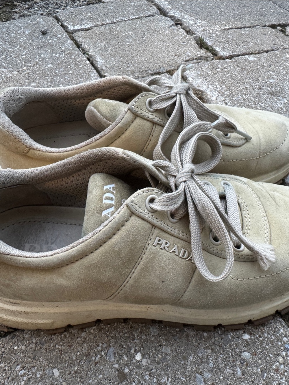 PRADA Women Suede Lace-Up Sneakers — Beige